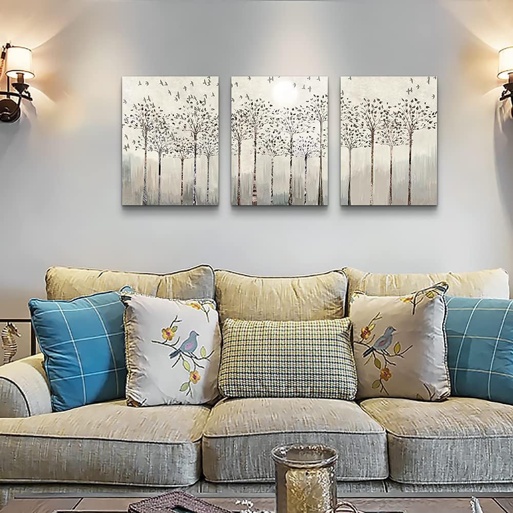 Trees And Birds Abstract Paintings Canvas Prints Wall Art For Bedroom Bathroom Wall Decor Office Artworks Pictures Wall Decorations For Living Room,3 Piece Sunrise And Sunset Modern Home Decoration
