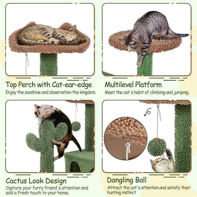 Yaheetech Cactus Cat Tree, 54.5in Tower w/Ramp, Animal-Ear Shaped Perch, Scratching Posts, Platform & Hanging Ball, Multi-Level Condo for Indoor Kittens, Green/Brown