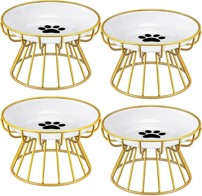 Roshtia 4 Sets Elevated Cat Bowls Ceramic Raised Cat Food Bowls with Metal Stand Dishwasher Safe Dishes Non Slip Elevated Food Plate(Gold,Paw)