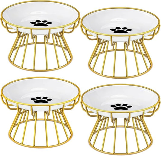 Roshtia 4 Sets Elevated Cat Bowls Ceramic Raised Cat Food Bowls with Metal Stand Dishwasher Safe Dishes Non Slip Elevated Food Plate(Gold,Paw)
