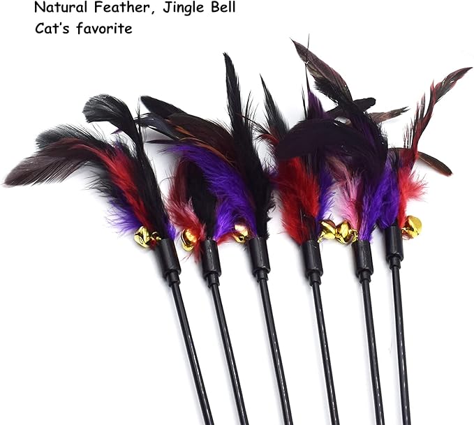 IUHKBH Cat Wands, 6 PCS Colorful Feather Wand with Bell Interactive Cat Toys, Safe for Your Kitty