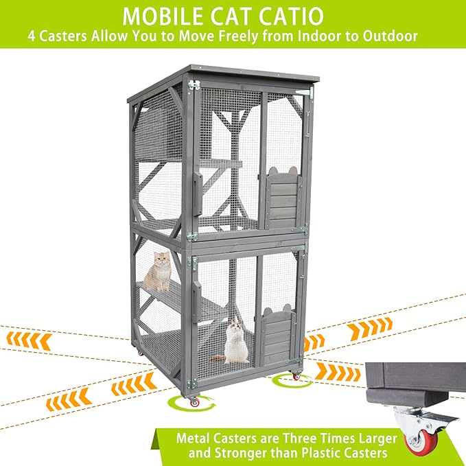 Cat House Wooden Cat Cage with Asphalt Roof, Outdoor Cat House, Wooden Cat House with Lounge Box, Large Kitten Apartment Cage Enclosure