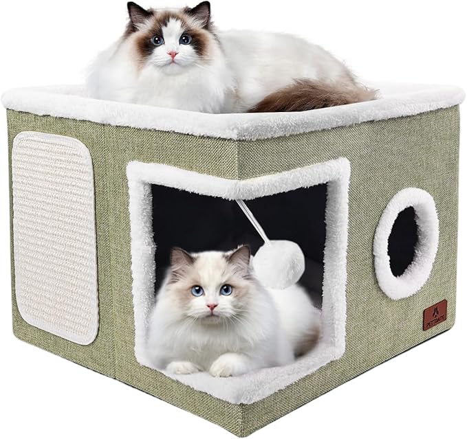 Cat Beds for Indoor Cats - Foldable Cat Hideaway with Hanging Fluffy Ball and Scratch Pad, Large Cat Bed Cave with Reversible Cushion for Multi Small Pet Kitten, Green