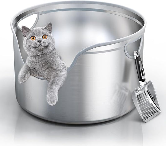 Stainless Steel Litter Box Metal with Integrated Round for XL/XXL Big and Multi Cats, 12" High Wall High Side, Odor Control, Easy to Clean, Durable, Includes Stainless Steel Scoop