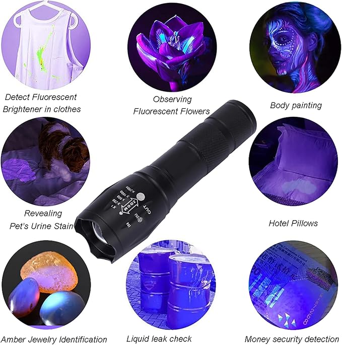 UV 395nm Flashlight USB Rechargeable, Blacklight Flashlight, LED Torch with White and Ultraviolet Light Combo, Black Light Pet Urine Detector for Dog Cat Pee, AC Leak, Scorpions, Rocks, Resin