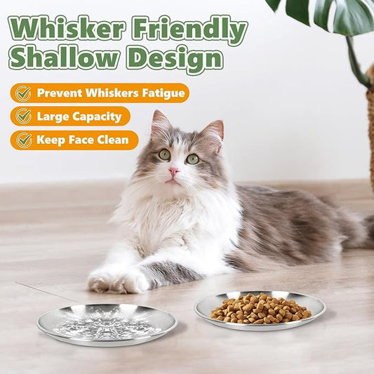 8-Pack Stainless Steel Cat Food Bowls – Shallow Whisker-Friendly Non-Slip Silicone Base,Easy to Clean Indoor Feeding Dishes(6.7")