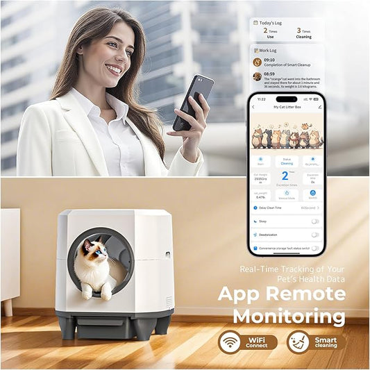 Self Cleaning Litter Box, Large Capacity Automatic Cat Litter Box with APP Control, Safety Sensors, Built-in Deodorizing Scent Box, and 1 Roll Garbage Bags ，White