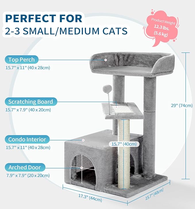 Made4Pets Cat Tree, Carpet Cat Tower Grey for Indoors Cats, Cute Wood Kitty Condo with Scratching Post and Pad, 29" Multi-Level Modern Activity Climbing Furniture for Small and Medium Cats