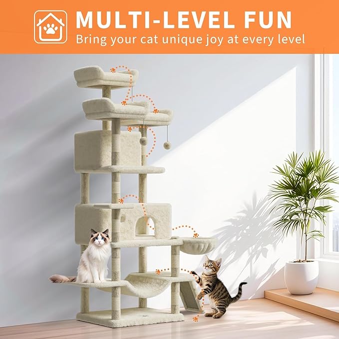 68.5 Inch Multi-Level Cat Tree, Plush Cat Tower with Condo/Sisal Scratching Posts/Hammocks/Basket/Dangling Ball/Platform, Heavy Duty Cats Tree to Play and Sleep, 2604#Beige