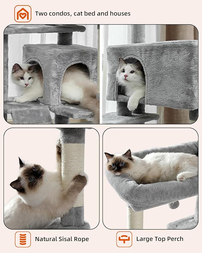 Cat Tree for Indoor Cats, 2 Cozy Condos with Spacious Top Perch, 56.3-Inch Multi-Level Cat Tower with Scratching Posts, 2 Caves, Plush Hammock and Climbing Ramp, Light Grey