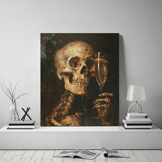 Quorin Gothic Skeleton Wall Art Goth Skull Champagne Wall Decor Dark Academia Pictures Horror Canvas Print Painting Artwork for Bathroom Living Room Bedroom 20"x24"
