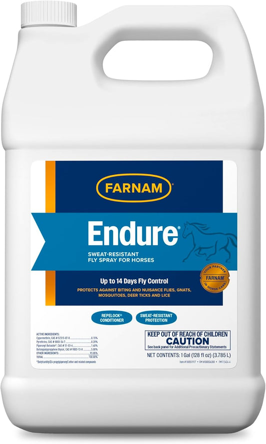 Farnam Endure Sweat-Resistant Fly Spray for Horses, Lasts Up to 14 Days, Protects Against Flies, Gnats, Mosquitoes, Ticks & Lice, 128 oz.