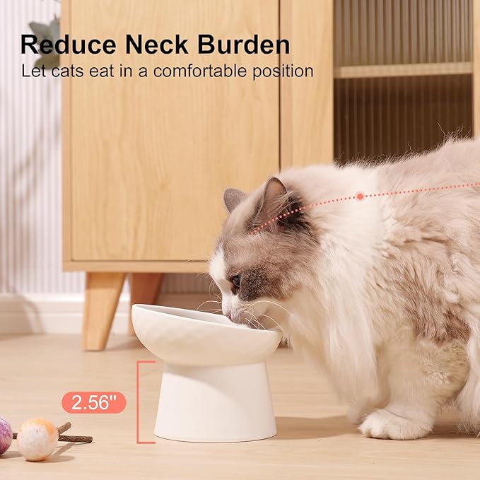 YauYik Ceramic Raised Cat Bowls, Elevated Tilted Cat Food and Water Bowls Set, Stress Free Pet Feeding Dish for Indoor Cats and Small Dogs, Anti Vomiting, White, 2 Pack