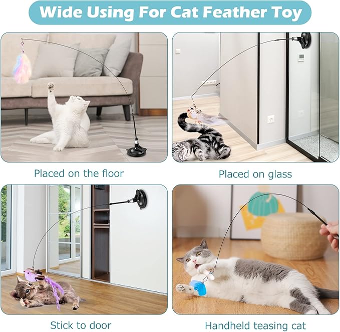 Cat Toys Wand, Interactive Cat Toy with Super Suction Cup Sticky Detachable 12 PCS Feather Replacements 2 Wands Cat Spring Feather Toys for Indoor Cats Kitten Toys (4 Birds Replacements)