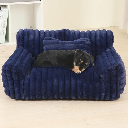 Fluffy Cat Bed, Small Dog Bed with Bone Shaped Pillow, Anti-Anxiety Pet Couch with Washable Cover, Blue
