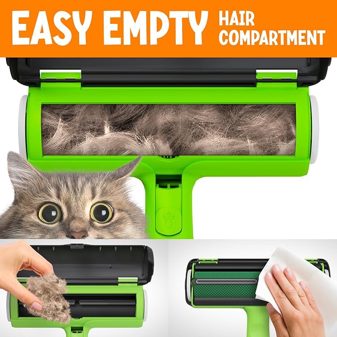Triton Pet Hair Removal Tool w/Trapping Compartment - Easy to Use Pet Hair Roller, Hair Remover Tool - Cat and Dog Hair Remover (Green)