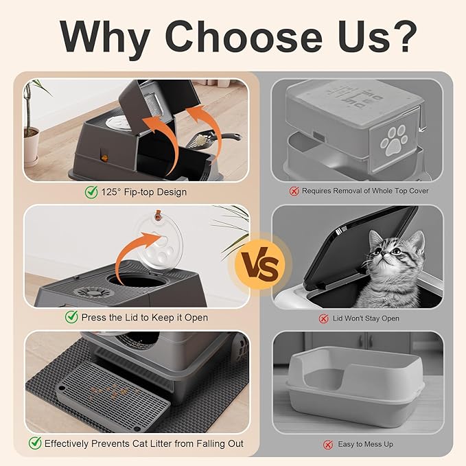 Stainless Steel Cat Litter Box with Lid XL Extra Large Kitty Litter Box Enclosed Top Entry Metal Litterbox for Big Cats Easy Cleaning Anti-Leakage & High Sided with Mat Aisle & Scoop (Dark Grey)