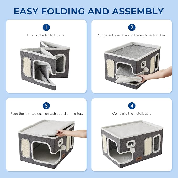 Extra-Wide Cat House for Indoor Cats - Large Cat House for Pet with Fluffy Ball Hanging and Scratch Pad, Foldable Cat Hideaway for Multi Cats, 23x16.5x13 inches, Navy