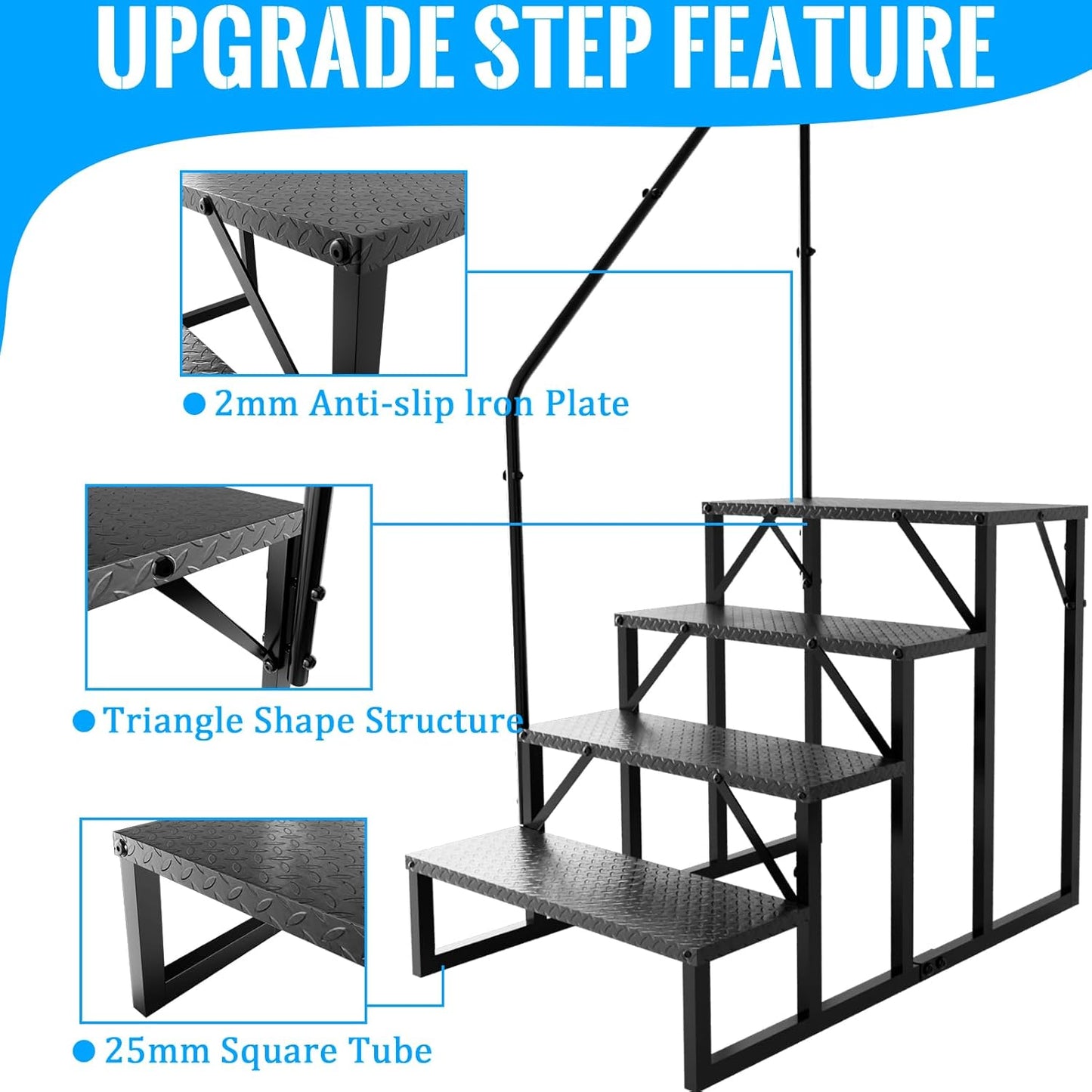 RV Stairs 4 Step Ladder, RV Steps Anti-Slip, Hot Tub Steps with Handrail, 660 lbs RV Ladder for 5th Wheel RV, Mobile Home Stairs