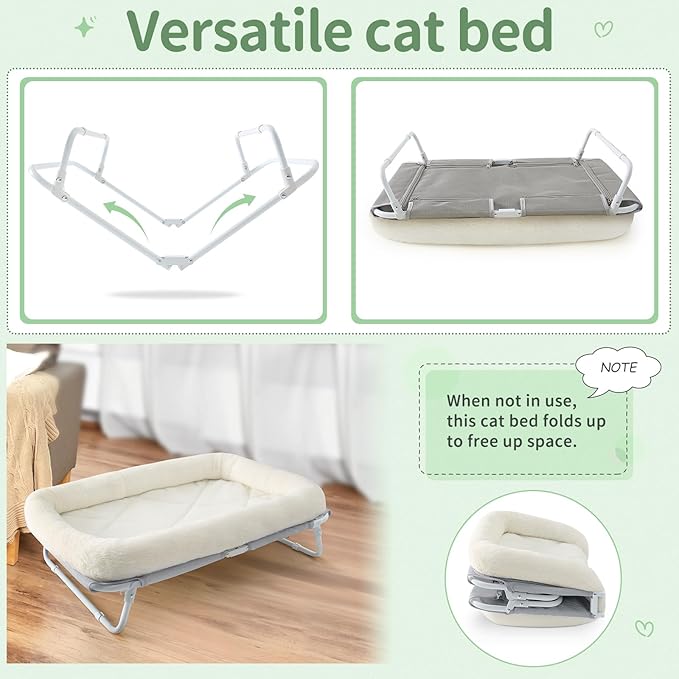 Sunhoo Elevated Cat Bed Foldable Raised Pet Hammock Self-Supporting Puppy Lounger with Off Floor Metal Frame Washable Cover for Small Dog Kitten Indoor Use 25.2x15.75x7.48 in (White)