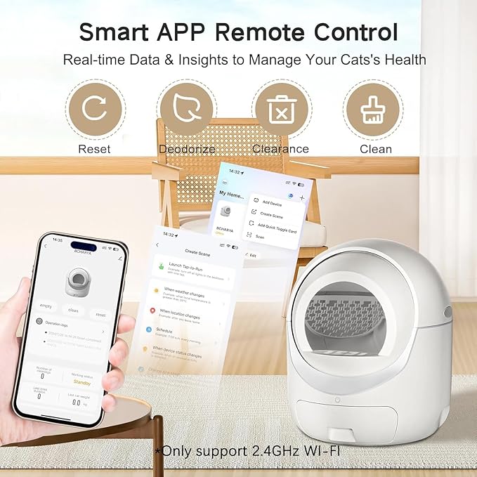 Self Cleaning Cat Litter Box, Automatic Cat Litter Box with APP Control Odor Removal Safety Protection for Multiple Cats, with Garbage Bags