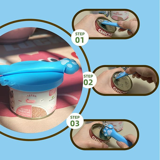 Pet Can Opener & 3 Pcs Cat Food Can Lids | Universal BPA Free Silicone Can Covers & Multi-Function Wet Food Spoon for Cat and Dog Food(Blue)