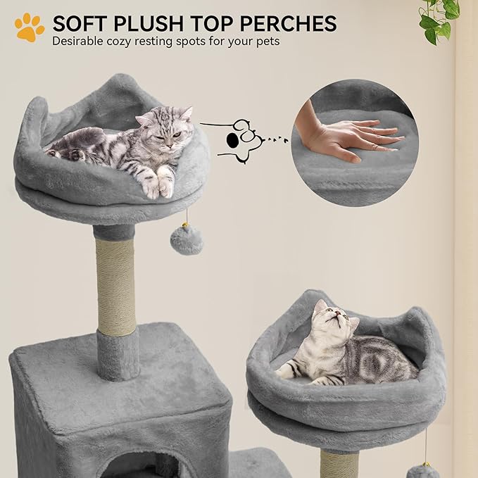 YITAHOME Tall Cat Tree for Indoor Cats, 75 inch Multi-Level Cat Tower with Cat Condos, Top Perches, Sisal Ramp Scratching Posts, Cozy Basket, Hammocks, Large Cat Pet Activity Structure, Light Gray