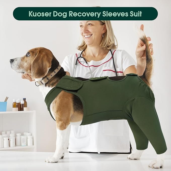 Kuoser Thigh Wound Protective Sleeve for Dogs, Dog Surgery Recovery Suit for Rear Legs, Dog Recovery Sleeve for Female Male Dogs, Dog Onesie After Surgery Pet Surgical Suit for Spay Neuter, Green