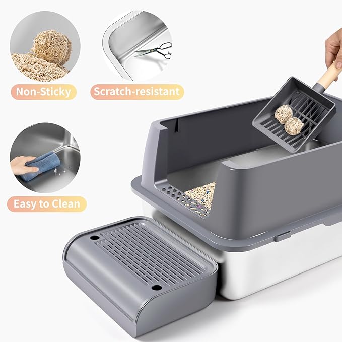 Stainless Steel Litter Box with Lid, XXL 23.6"L x 15.7"W x 15.7"H Enclosed High Sided Removable Metal Cat Litter Box with Top Entry, Scoop, Anti-Leakage, Non-Sticky, Easy Cleaning (Dark Grey)