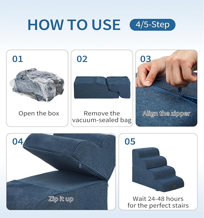 Made4Pets Dog Stairs Ramp for Bed, 4-Step Dog Steps for High Bed Couch Sofa Climbing, 35D Foam Pet Steps for Small Dogs and Cats, Non-Slip Bottom Pet Stairs, Navy