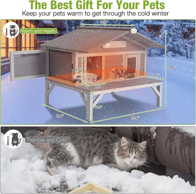 GUTINNEEN Heated Outdoor Cat House Insulated Feral Cat Shelter Weatherproof for Winter with Heater and Insulated Liner, 39.1" L x 31.7" W x 30.4" H, Grey