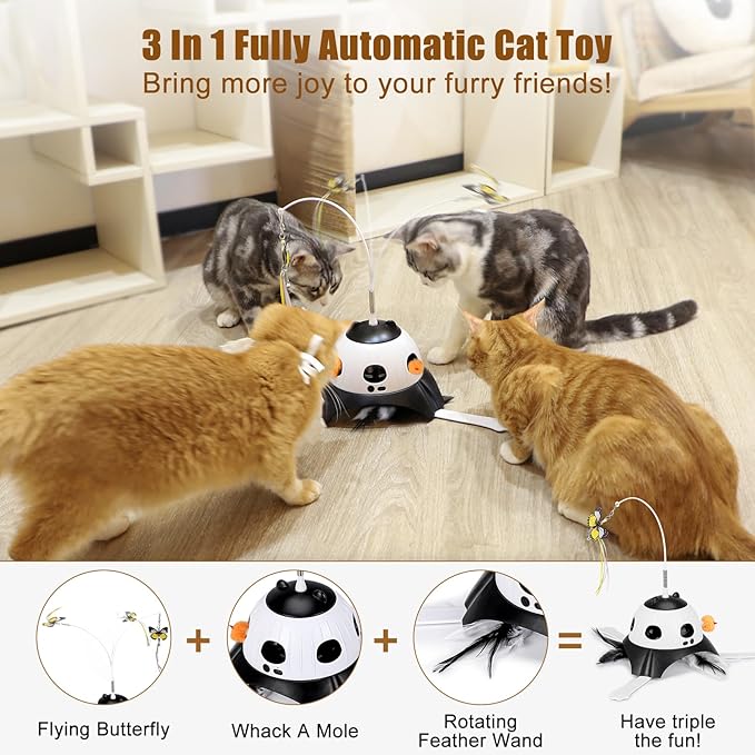 3-in-1 Automatic Cat Toys for Indoor Cats, Fluttering Butterfly, Whack a Mole, Rotating Feather Wand, USB Rechargeable Interactive Feather Toys for Multi-cat Family (Black)