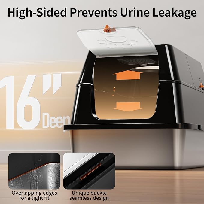 Stainless Steel Cat Litter Box with Lid, 180° Flip-Top XL Extra Large Enclosed Litter Box, Covered Metal High Sided Litter Pan with Steps & Scoop, Easy Cleaning, Odor Control,Non-Sticky-Black