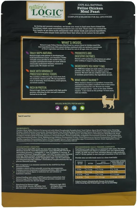NATURE'S LOGIC Feline Chicken Meal Feast Cat Food - High-Protein Dry Food for Cats, 100% Natural Nutrition with Probiotics & Prebiotics - All Life Stages - Chicken, 3.3lbs (Pack of 3)