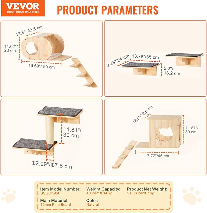 VEVOR Wall Mounted Cat Shelves, Perches with Jumping Boards,Hammocks & Cat Tree, Cat Furniture and Shelves up to 40 lbs for Sleeping, Playing, Climbing, Set of 7