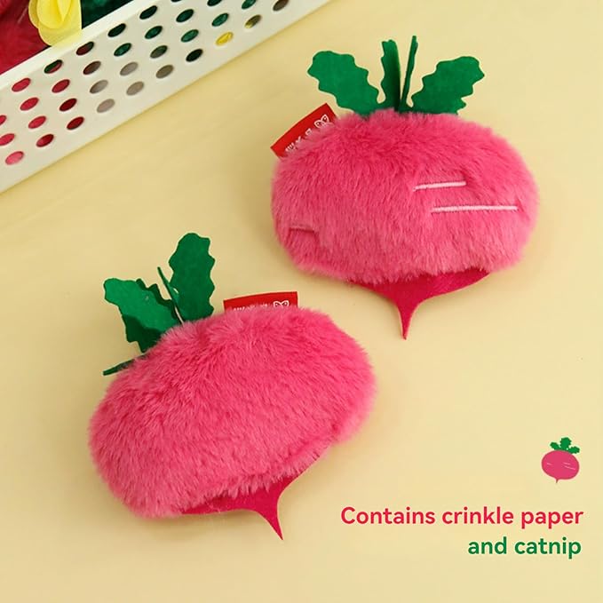 Cat Plush Toy Realistic Vegetable Set Cucumber Radish Shapes Sound-Making Plush Felt Fabric Catnip Crinkle Paper Dog Cat Accessories Pet Gifts for Christmas (Radish 2pcs)