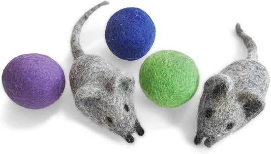 Felt Wool Ball and Mouse Toys for Cats and Kittens, Adorable Colorful Soft Quiet Fabric Balls, Without Catnip, Handmade - for Cat Lovers, 2 Mice 3 Balls