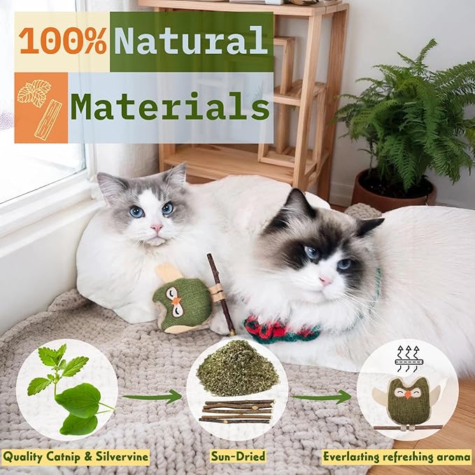 Tails & Tales Cat Toys Owls, Catnip & Silvervine Plush, Bite-Resistant & Soft Interactive Toys for Indoor Cats & Kittens, Reduces Stress & Encourages Activity, Pack of 4