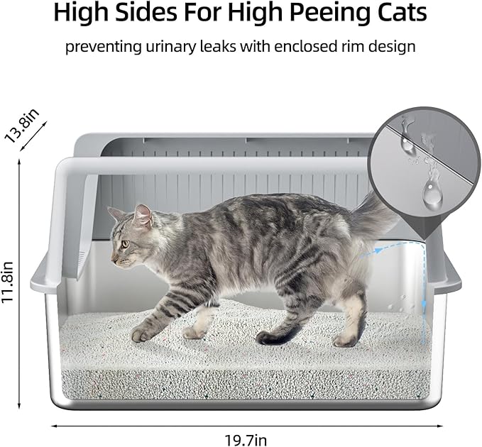 2PACK Stainless Steel Cat Litter Box with Lid,19.7” L x 13.8” W x 11.8”H Deep,Large Metal Litter Box with High Side,for Small and Large Cats,Anti-Leakage Non-Sticky Include Litter Scoop