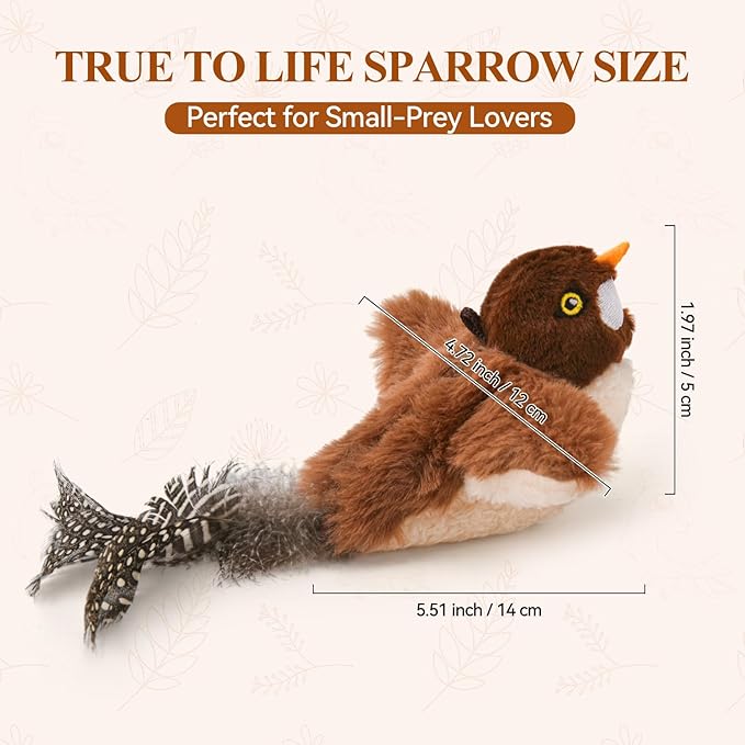 Small Flappy Bird Cat Toy, Interactive Flapping Wings（No Flying） and Chirping Bird Cat Toy, Simulated Sparrow Catnip Toy for Indoor Cats and Kittens, Rechargeable, 5.51×4.72×1.97 Inches
