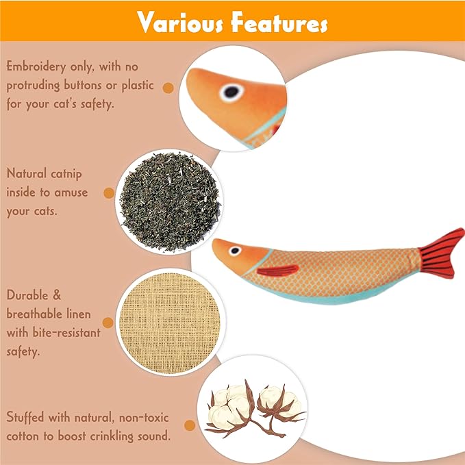 Tails & Tales Cat Toys Fish, Catnip & Crinkle Sound Plush, Bite-Resistant & Soft Interactive Toys for Indoor Cats & Kittens, Reduces Stress & Encourages Activity, Pack of 3