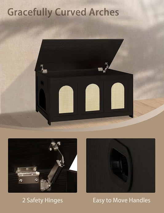 DINZI LVJ Cat Litter Box Enclosure, Flip Top Litter Box Furniture, Rattan-Like Hidden Cat Washroom, Wooden Pet House, End Side Table, 39.4"L x 19.7"W x 19.7"H, Easy to Assemble, Espresso with Rattan