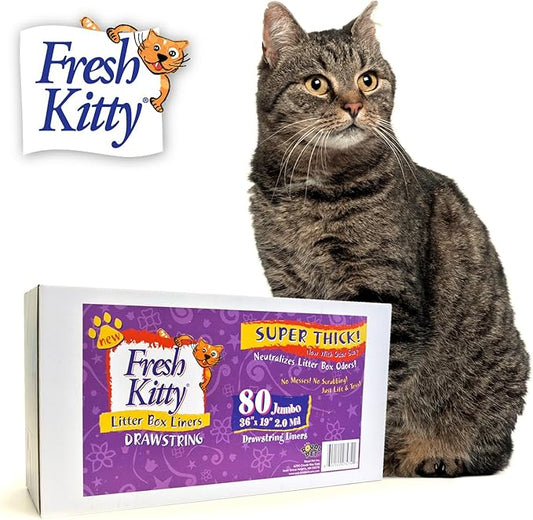 80 Count Fresh Kitty Litter Box Liners Super Thick, Durable, Easy Clean Up Jumbo Drawstring Scented Litter Pan Liners, Bags for Pet Cats