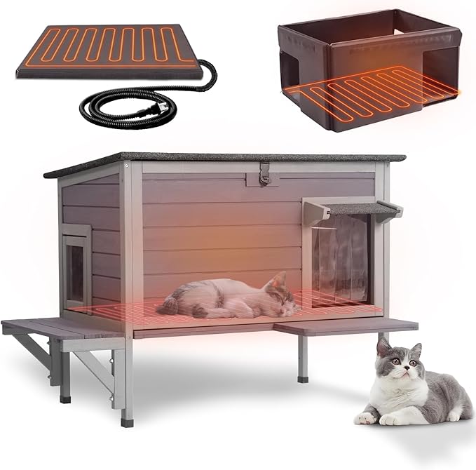 GUTINNEEN Heated Cat House for Outside Insulated Cat House Outdoor Weatherproof Feral Cat Shelter with Heated Pad, All-Round Thermal Liner, Secure Escape Doors for Cats (Winter-Ready)