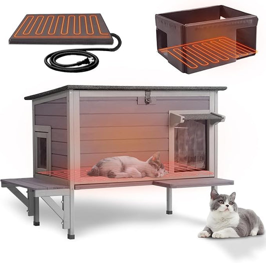 GUTINNEEN Heated Cat House for Outside Insulated Cat House Outdoor Weatherproof Feral Cat Shelter with Heated Pad, All-Round Thermal Liner, Secure Escape Doors for Cats (Winter-Ready)