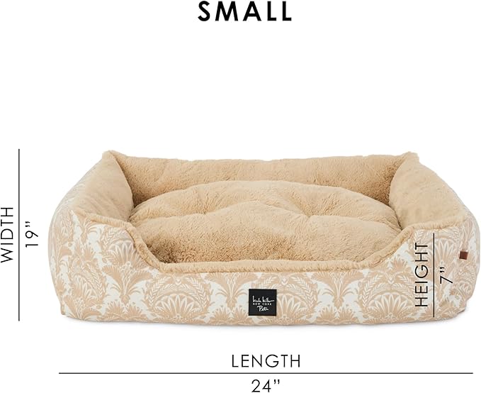 Nicole Miller New York PET Mod Damask Plushy Bolster Pet Bed, Cozy & Calming, Non-Slip Bottom, Machine Washable Cover, Taupe, Small 24"x19"x7"