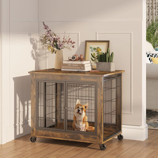 IchbinGo Dog Crate Furniture, Wooden Dog Crate Table, 31.5" Dog Kennel with 3 Doors, Flip-up Top Opening and Wheels, Decorative Pet Crate Dog House for Medium/Small Dog Indoor Use (Rustic Brown)