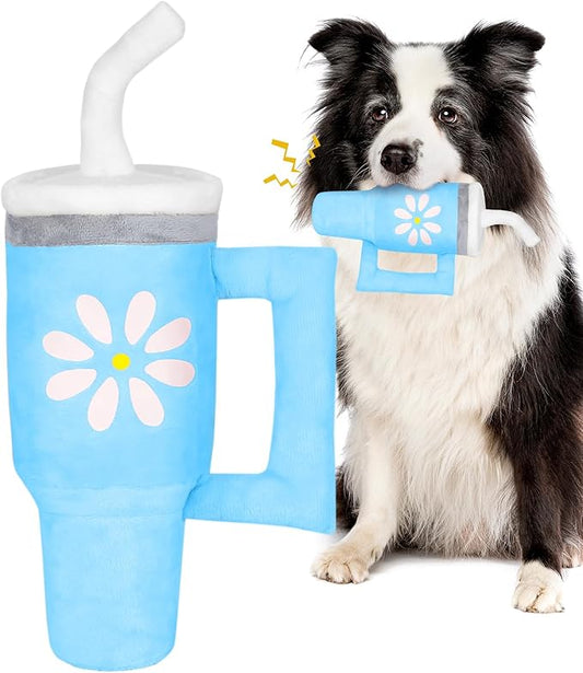 Squeaky Dog Toy - Crinkle Pup Cup Tumbler Plush Dog Toy with Cute Daisy Design for Small Medium Breeds, Funny Interactive Puppy Birthday Gift (Blue)