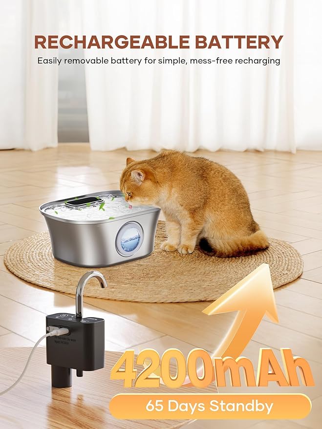 Cat Water Fountain Wireless: Battery Operated Stainless Steel 108oz/3.2L Cat Fountain, Automatic Cordless Pet Water Fountains with Motion Sensor Indoor, Easy Clean, for Cats, Dogs, Multiple Pets
