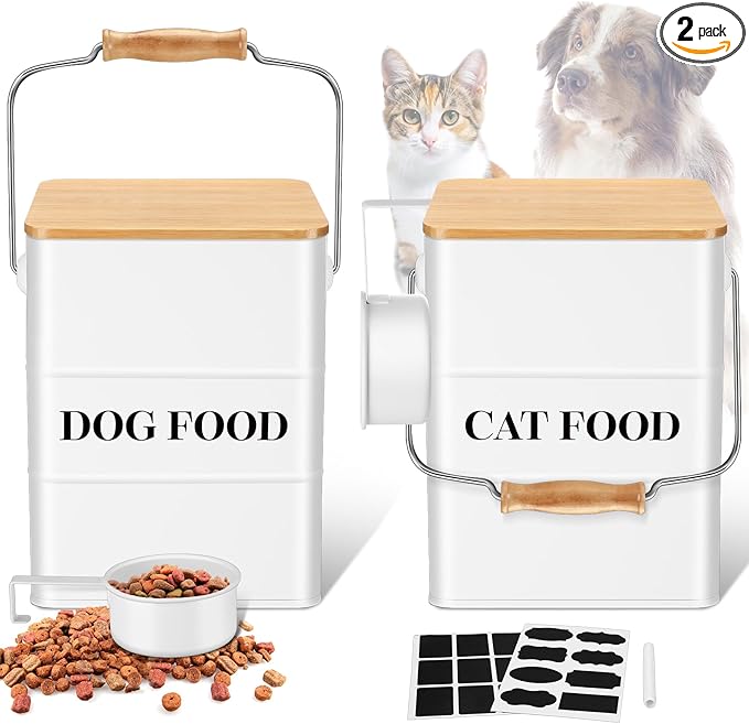 Tioncy 2 Pcs Metal Dog and Cat Food Storage Containers Big Pet Food Containers with Bamboo Lids and Spoon Airtight 5-7 Lbs Dog Cat Treat Snack Jars with DIY Labels for Kitchen Counter(White)